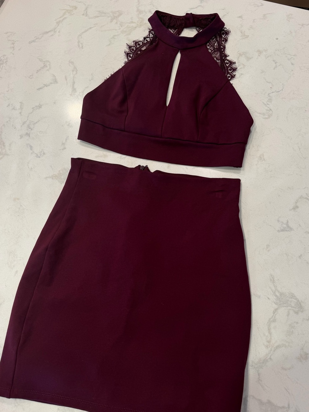 Lulu's Burgundy Lace-Trim High-Neck Crop Top & Skirt Set